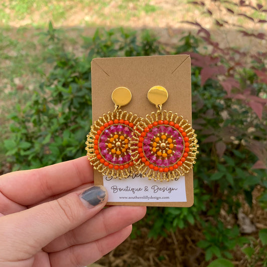 Yellow Round Beaded Earrings