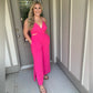 EASEL "Eleonor" Halter Jumpsuit Open Back W/ Ties Side Slit Wide Leg Barbie Pink