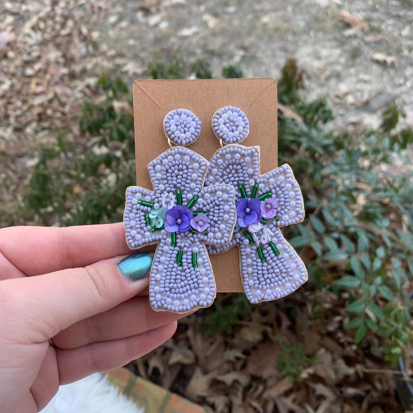 Purple Beaded Cross Earrings