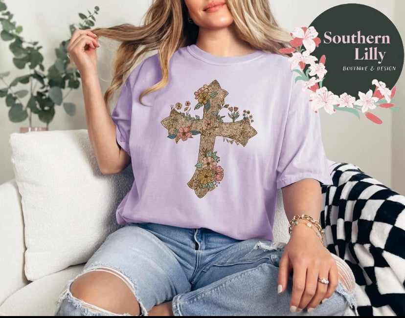 Wooden Cross Florals Comfort Colors T-Shirt