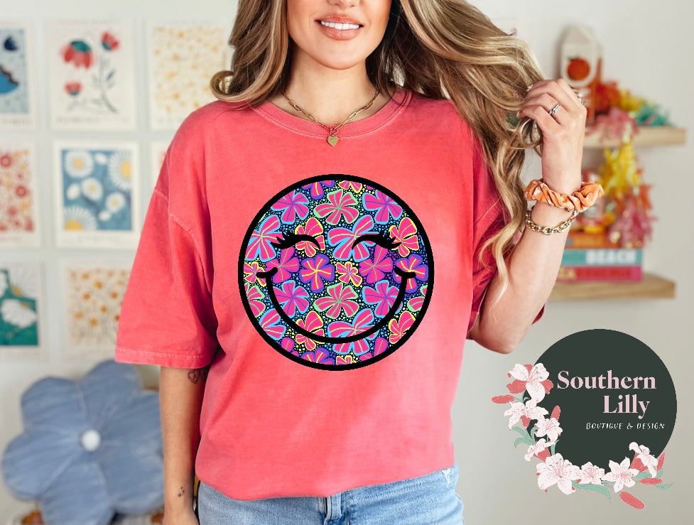 Bright Floral Print Smiley Face Comfort Colors T-Shirt