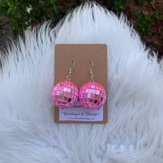 Pink Disco Ball Dangle Earrings Large Size