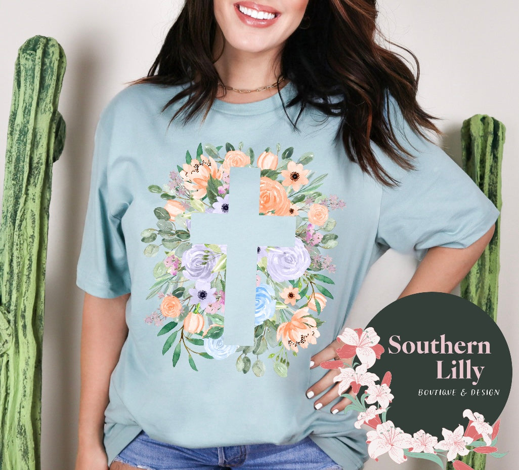 Floral Cross Pattern Bella Canvas T-Shirt