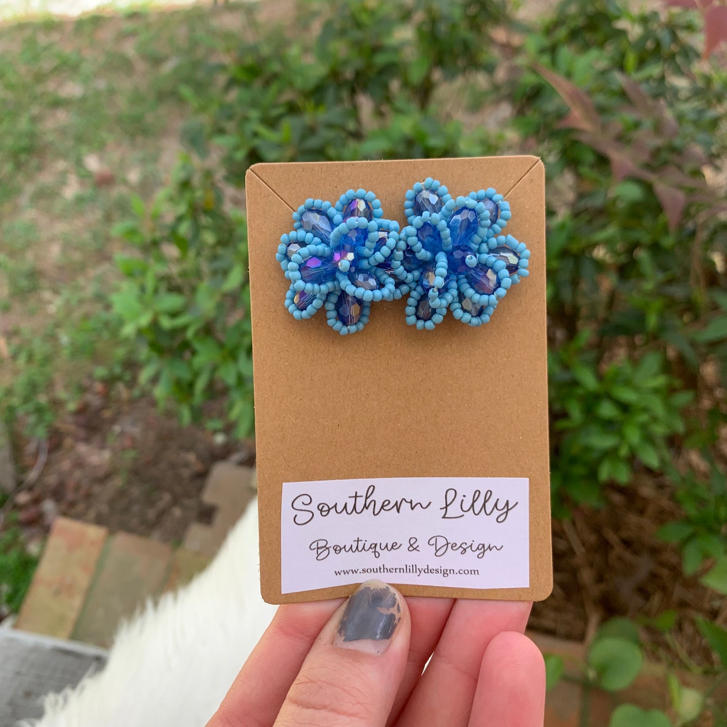 Blue Flower Seed Beaded Earrings