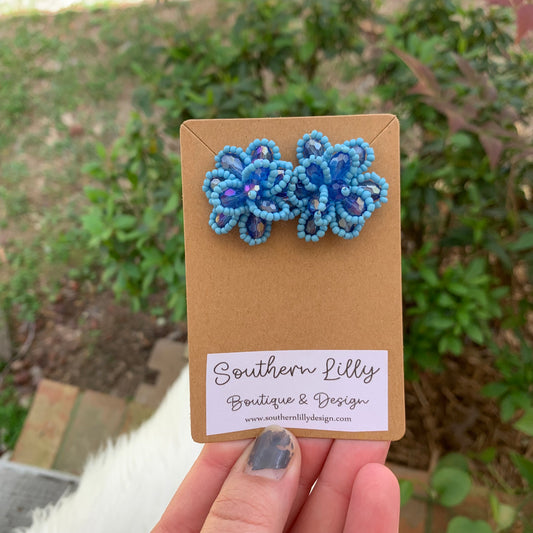 Blue Flower Seed Beaded Earrings