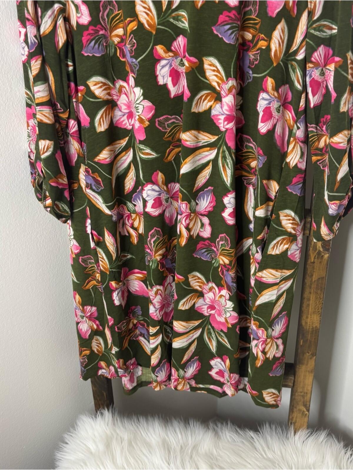 Dear Scarlett Olive Green Floral Shift Dress with Pink Blooms