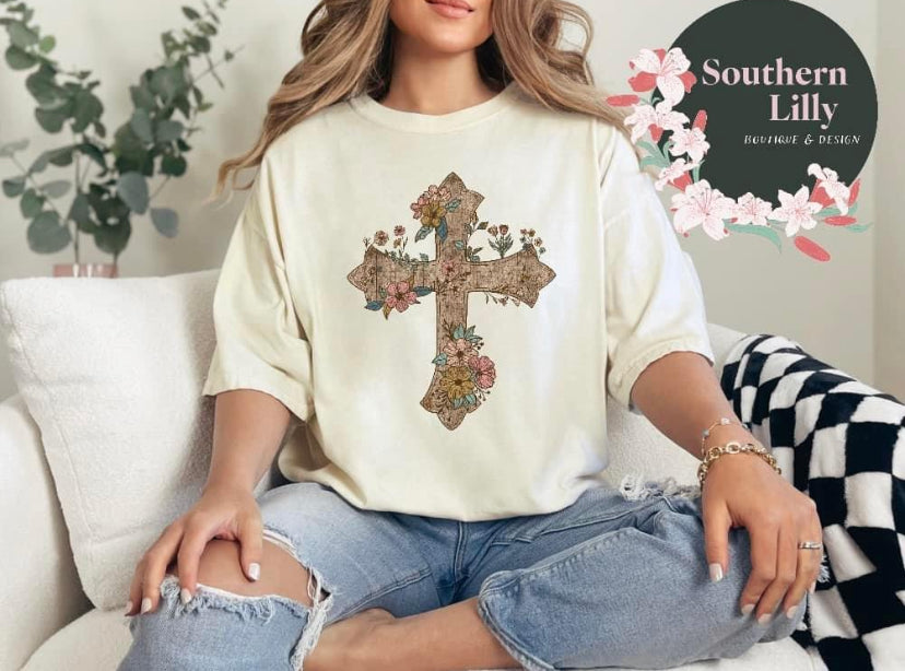 Wooden Cross Florals Comfort Colors T-Shirt