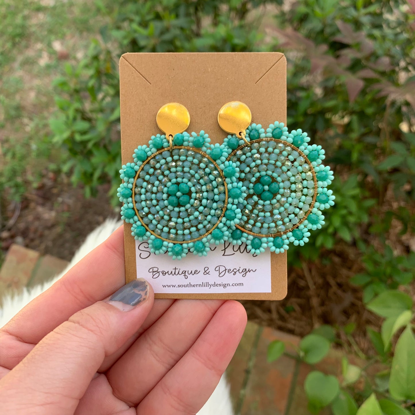 Teal Blue Round Beaded Earrings