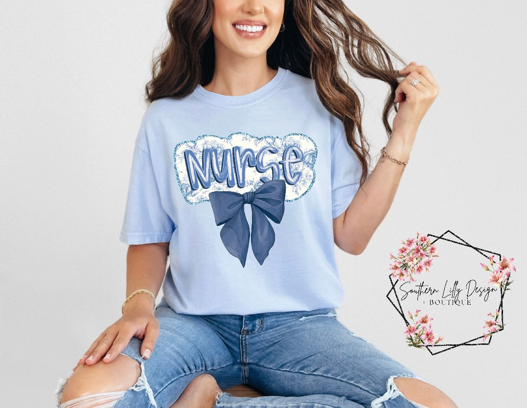 Nurse Coquette Blue Bow Comfort Colors T-Shirt