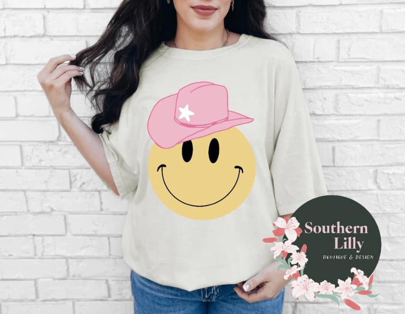 Smiley Face Cowgirl Hat Comfort Colors T-Shirt