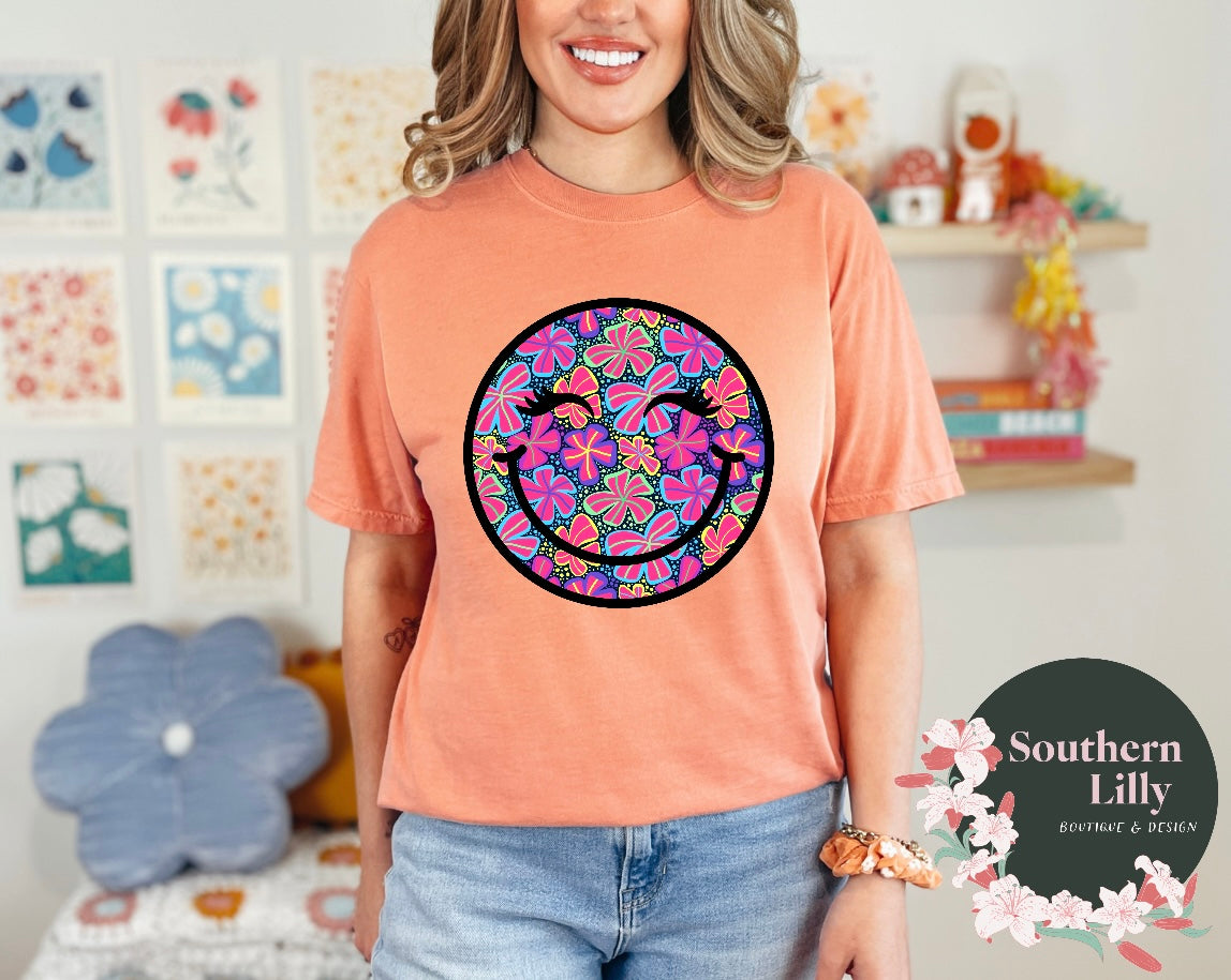 Bright Floral Print Smiley Face Comfort Colors T-Shirt