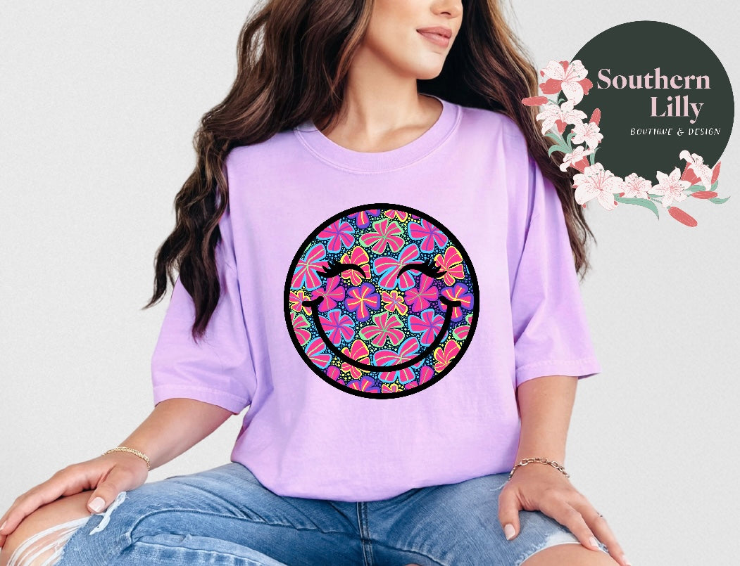 Bright Floral Print Smiley Face Comfort Colors T-Shirt