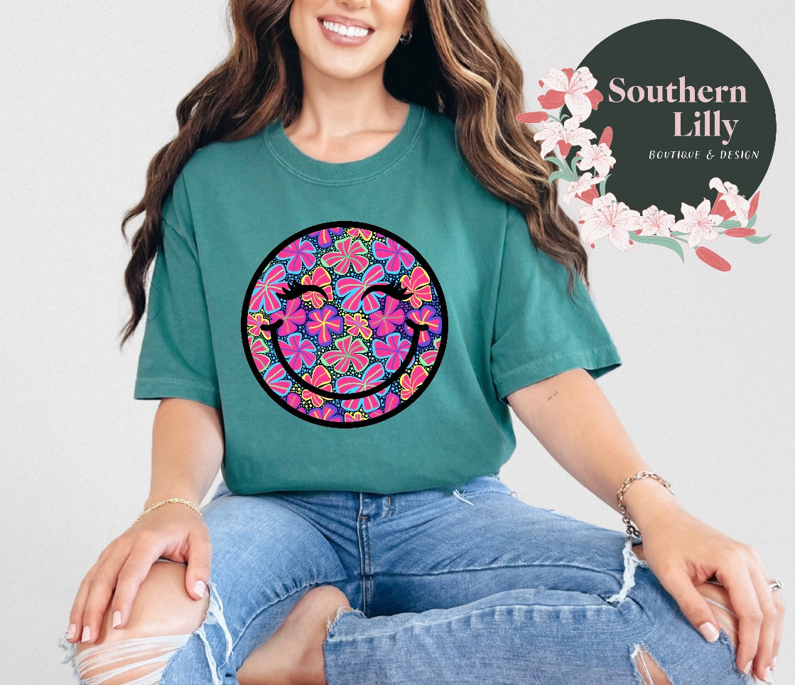 Bright Floral Print Smiley Face Comfort Colors T-Shirt