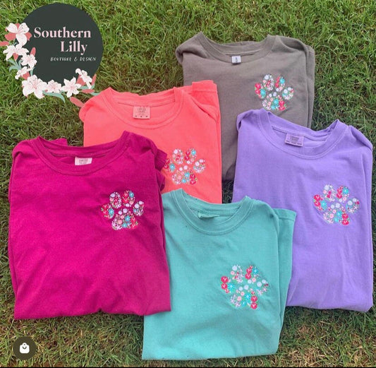 Embroidered Floral Paw Print Comfort Colors T-Shirt