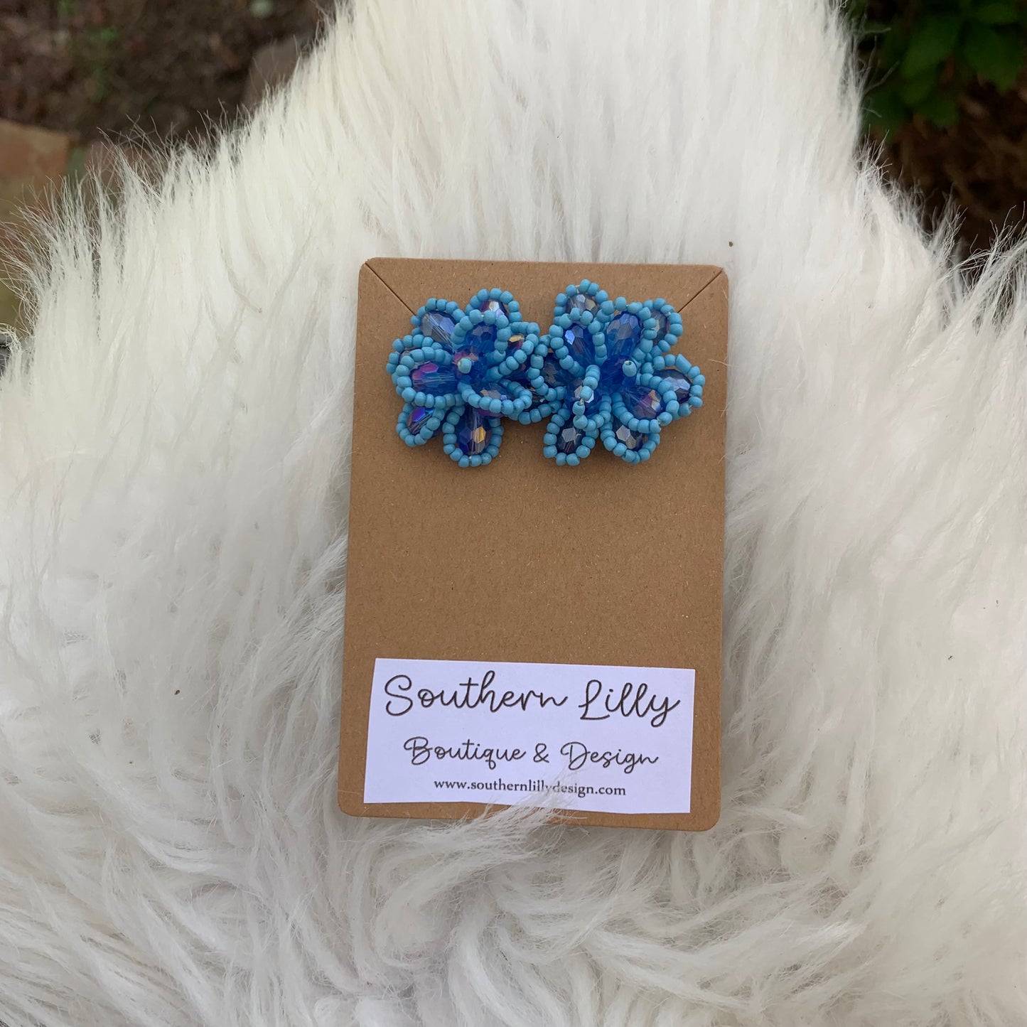 Blue Flower Seed Beaded Earrings