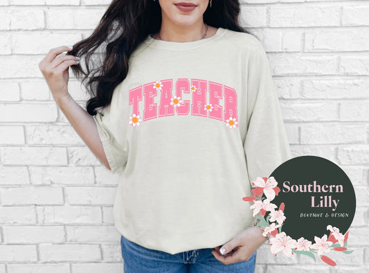 Teacher Pink Daisy Letters Comfort Colors T-Shirt