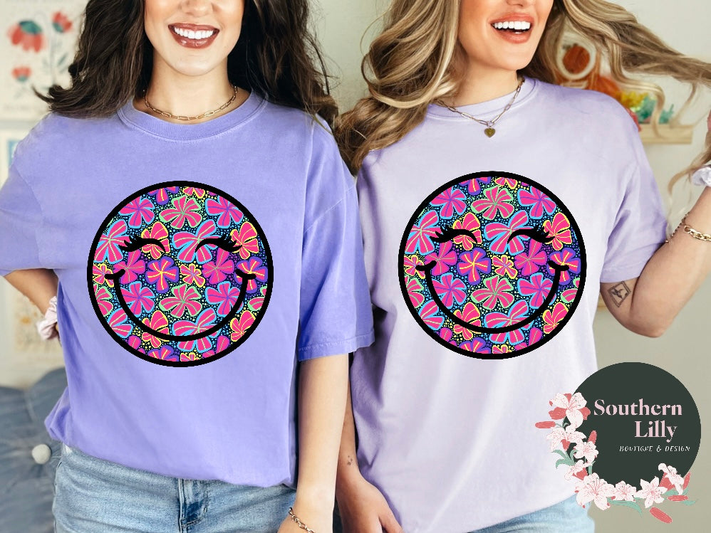 Bright Floral Print Smiley Face Comfort Colors T-Shirt