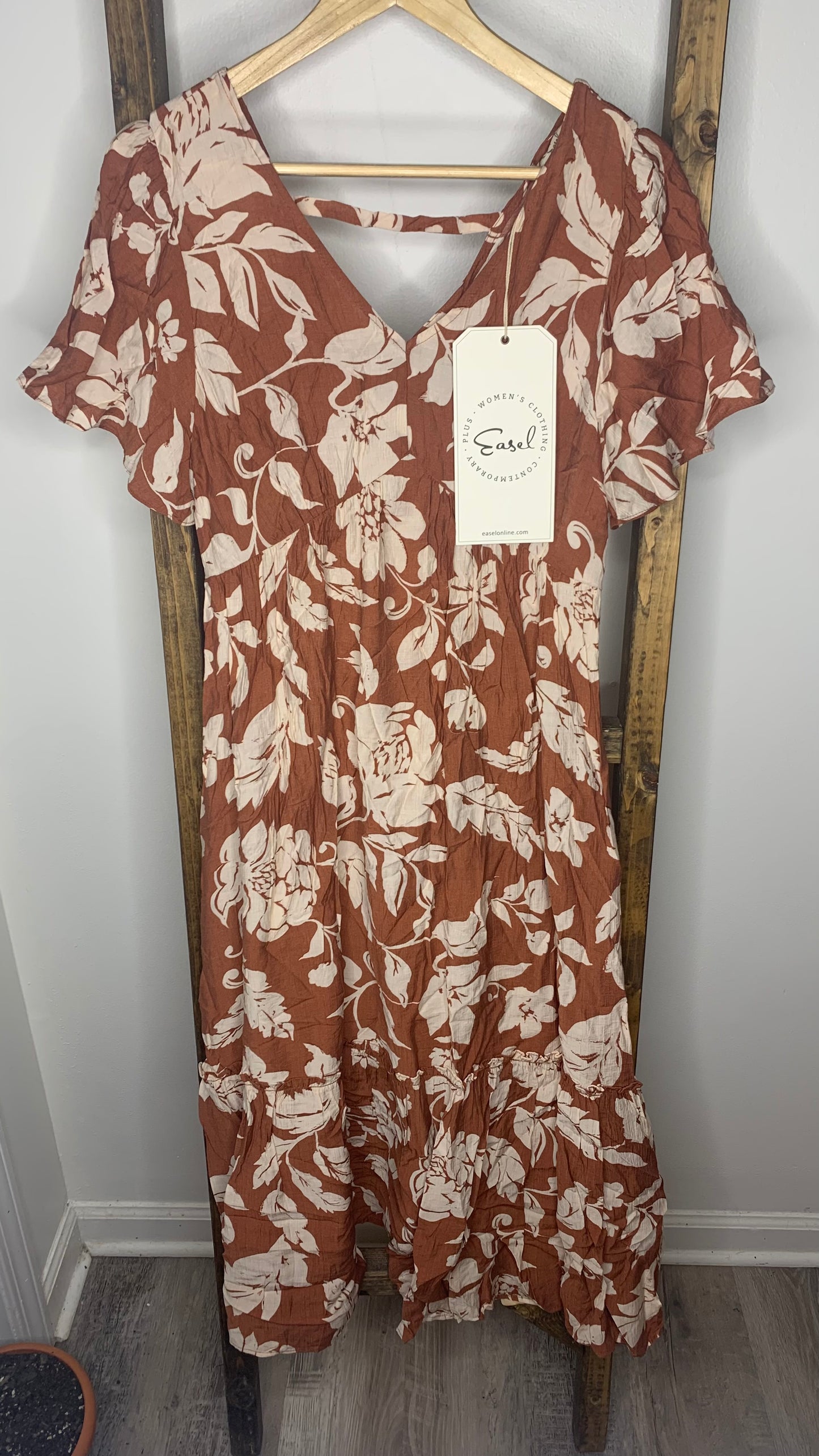 Easel Brown Floral Print Midi Dress S