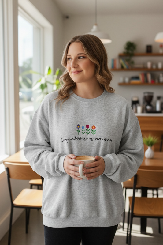 Gildan Busy Watering my Own Grass Gray Crewneck Sweatshirt