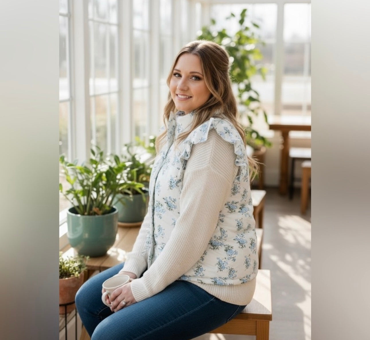 Blue Floral Ruffle Sleeve Puffer Vest