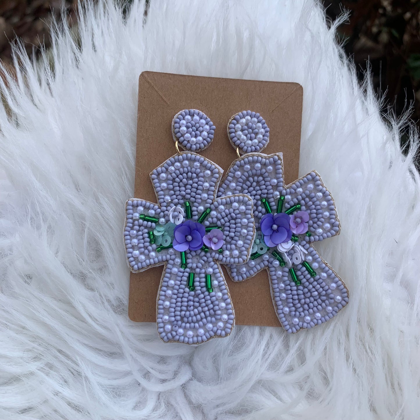 Purple Beaded Cross Earrings