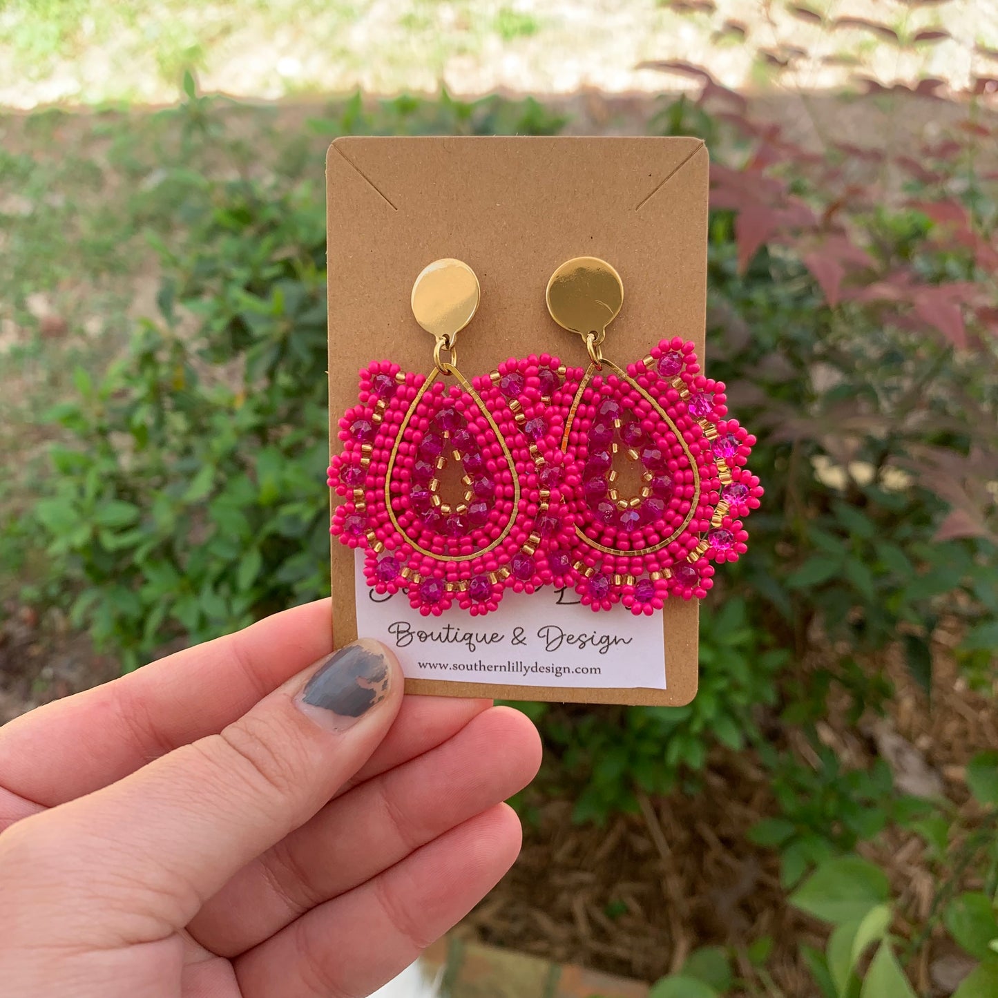 Hot Pink Teardrop Beaded Earrings