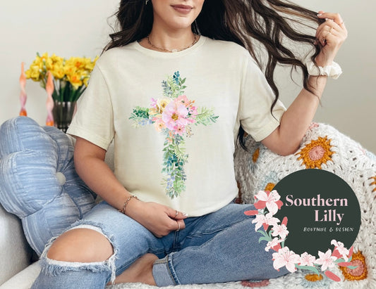 Floral Print Cross Bella Canvas T-Shirt