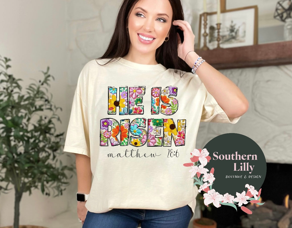 He is Risen Floral Print Comfort Colors T-Shirt