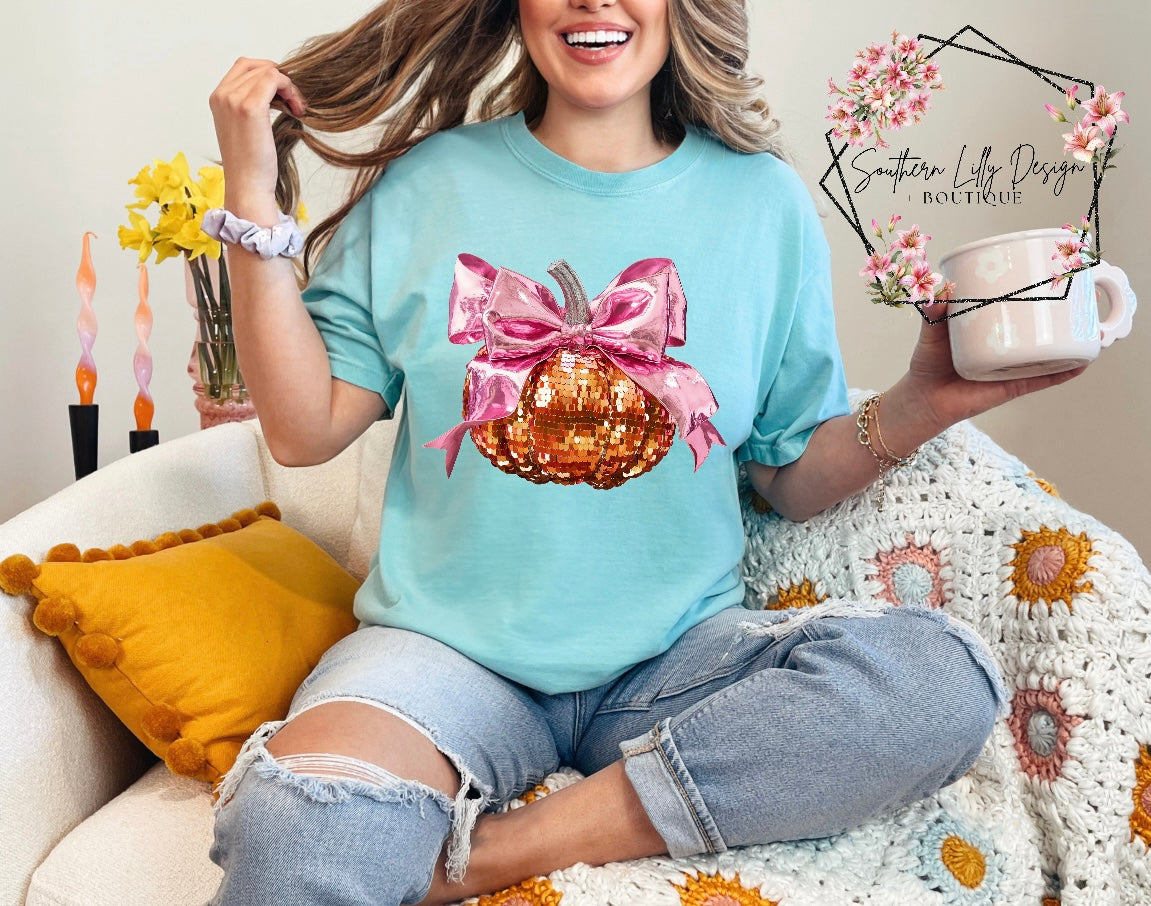 Disco Pumpkin Bow Comfort Colors T-Shirt