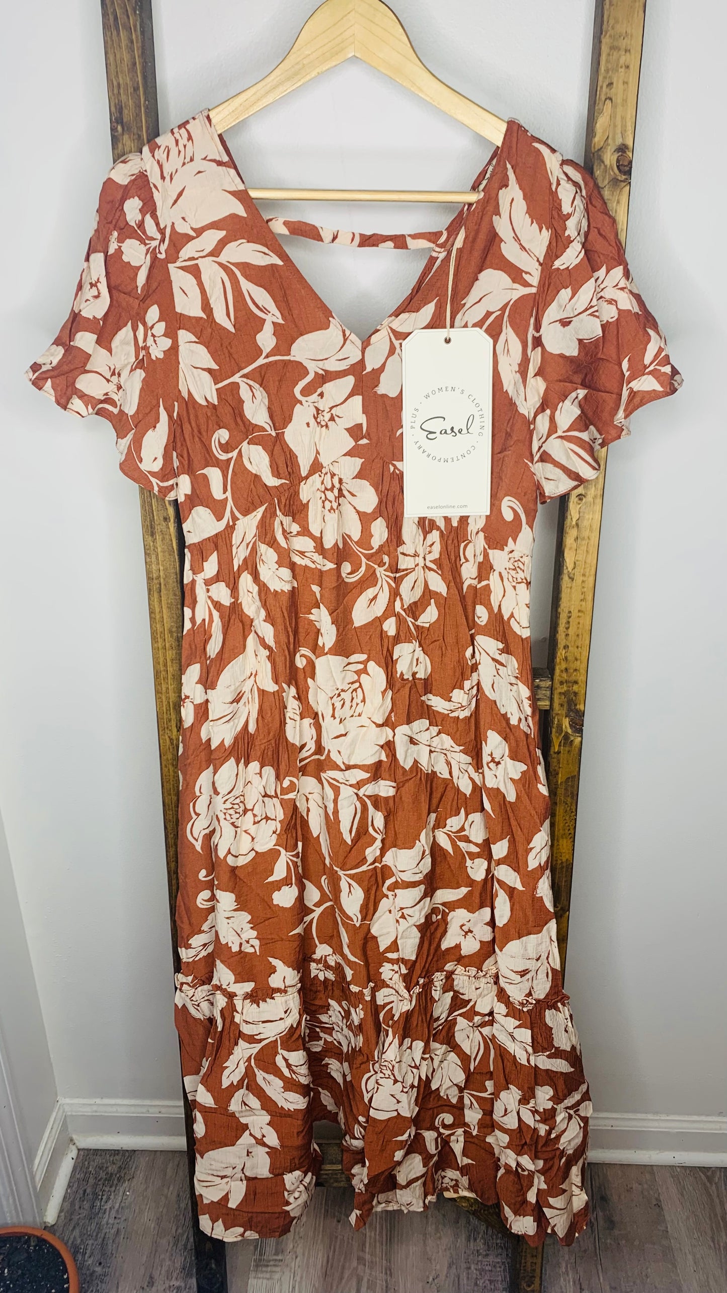 Easel Brown Floral Print Midi Dress S