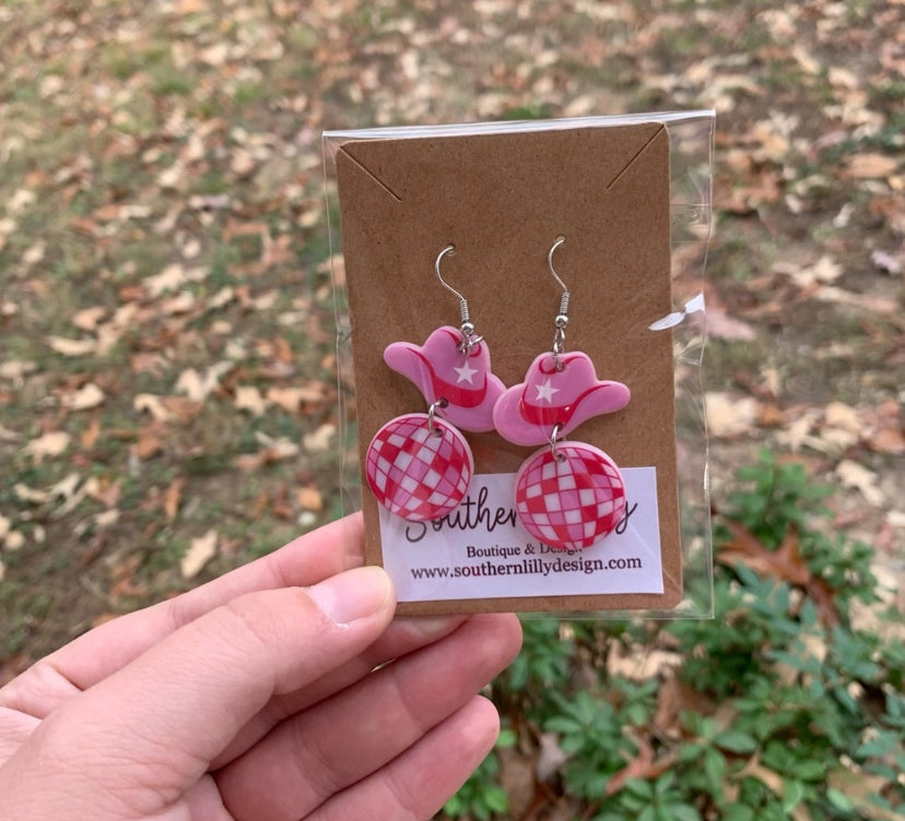 Disco Ball Hat Western Earrings