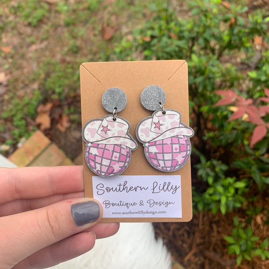 Pink Disco Ball Cowgirl Earrings