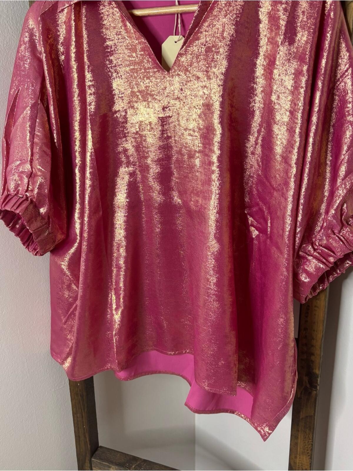 Jodifl Oversized Metallic Pink V-Neck Balloon Sleeve Top