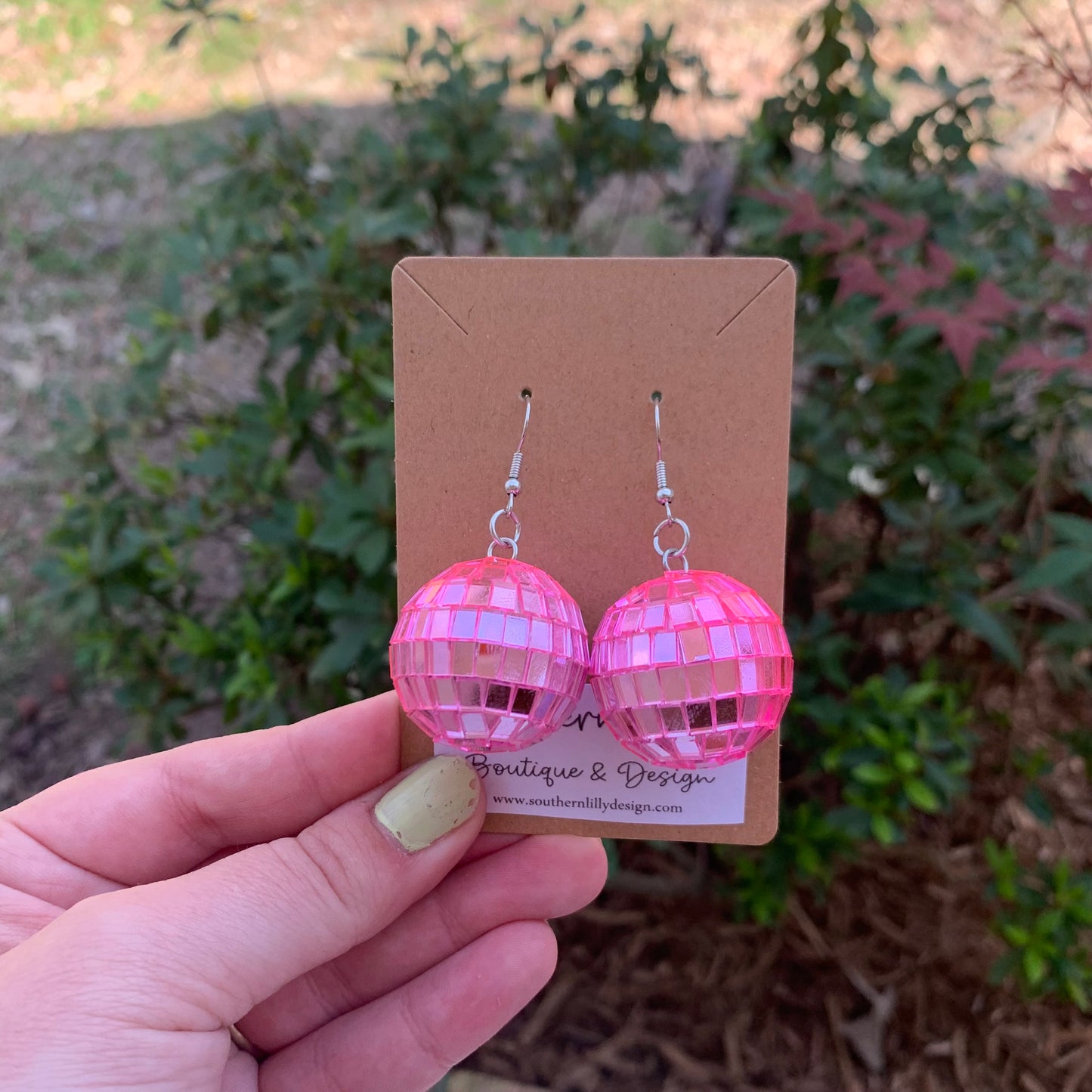 Pink Disco Ball Dangle Earrings Large Size