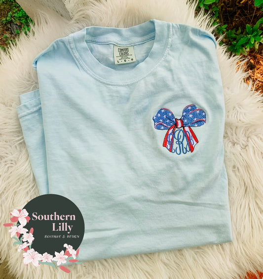 American Flag Bow Embroidered Comfort Colors T-Shirt