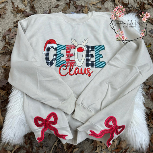 Christmas Custom Nickname Claus Doodle Font Embroidered Glitter Bow Sweatshirt