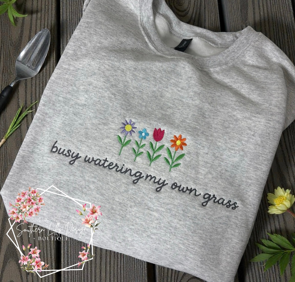 Gildan Busy Watering my Own Grass Gray Crewneck Sweatshirt