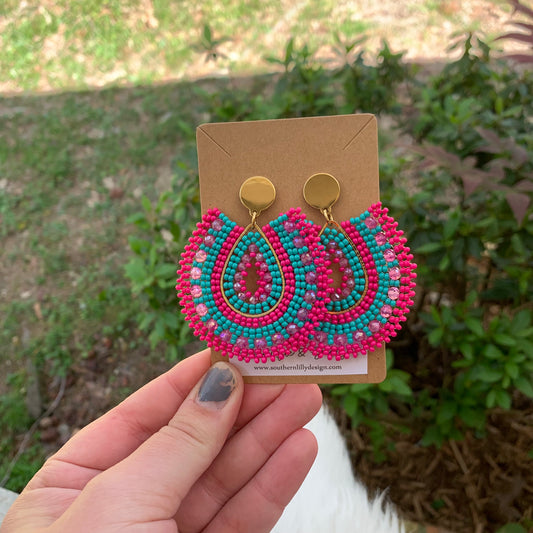 Pink and Blue Teardrop Beaded Earrings