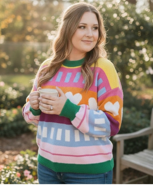 Colorful Heart Knit Sweater Cozy Valentine’s Day Pullover