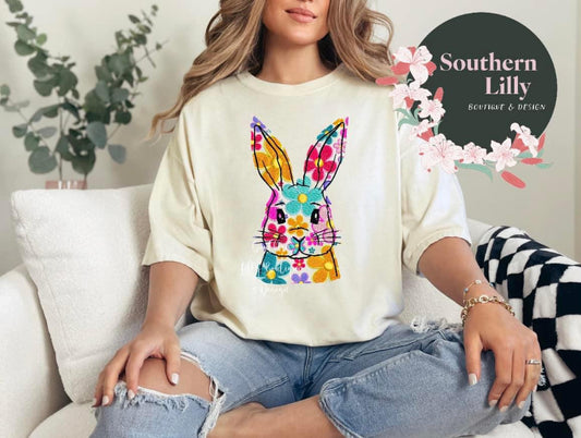 Colorful Bunny Faux Embroidered T-Shirt