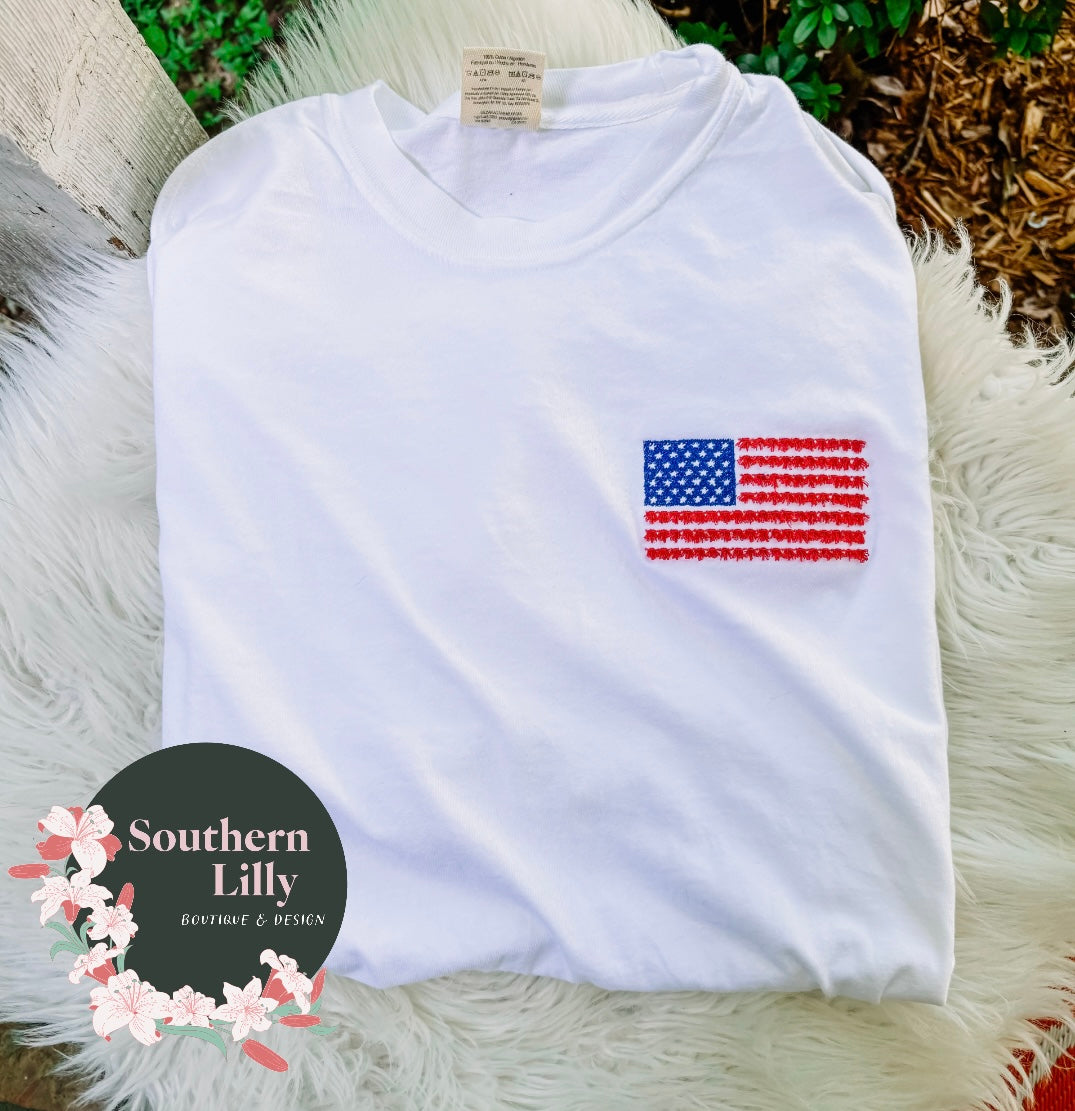 American Flag with Fringe Tassels Comfort Colors Embroidered T-Shirt