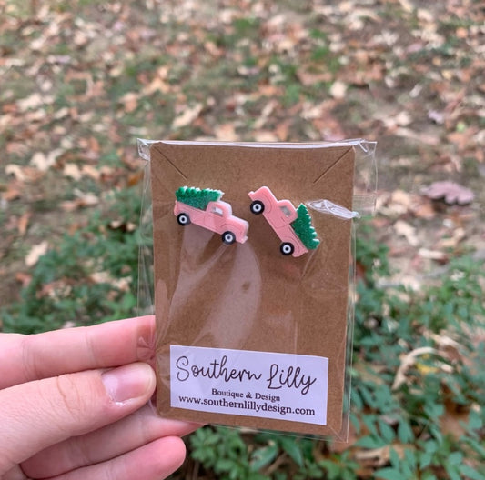 Pink Truck Stud Christmas Earrings