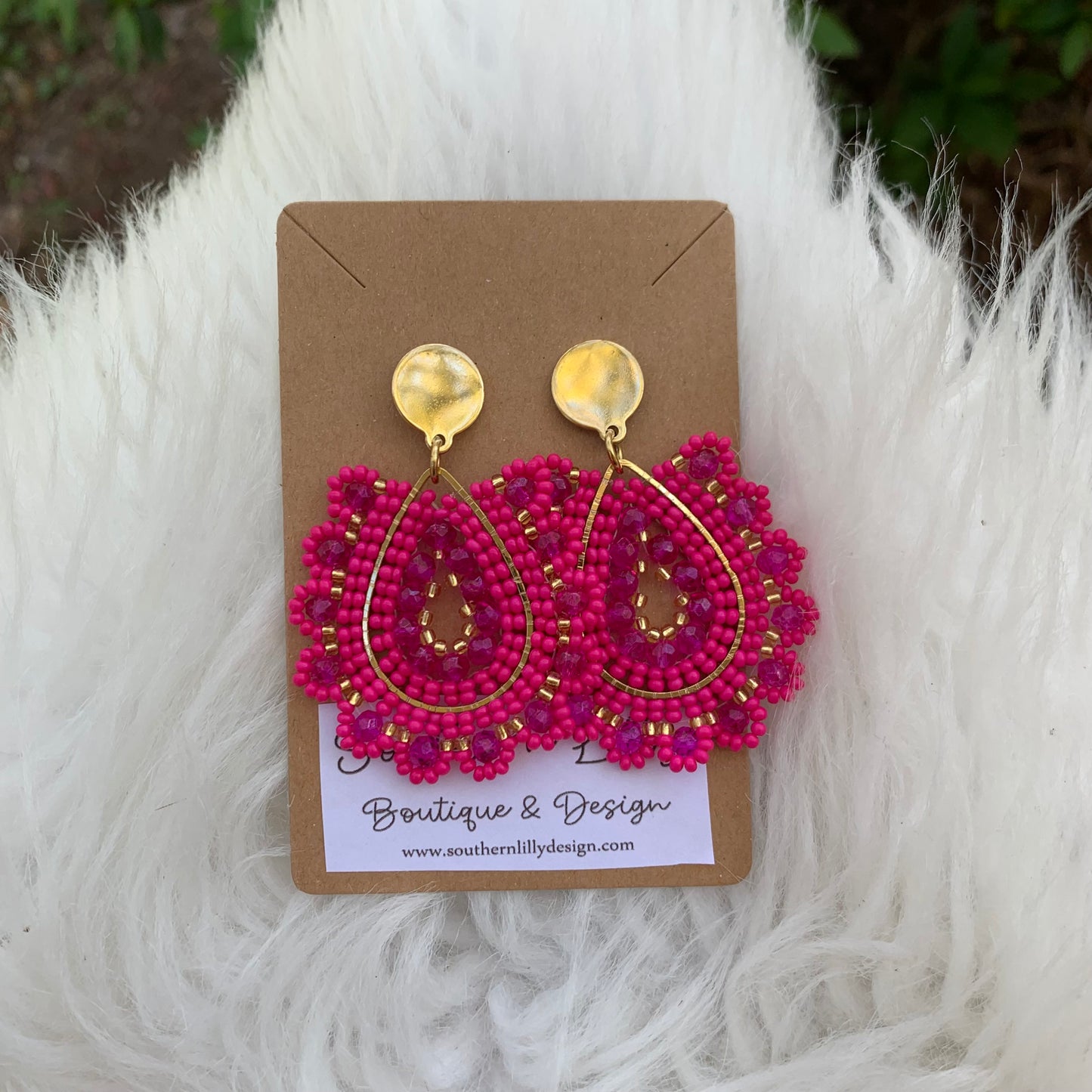 Hot Pink Teardrop Beaded Earrings