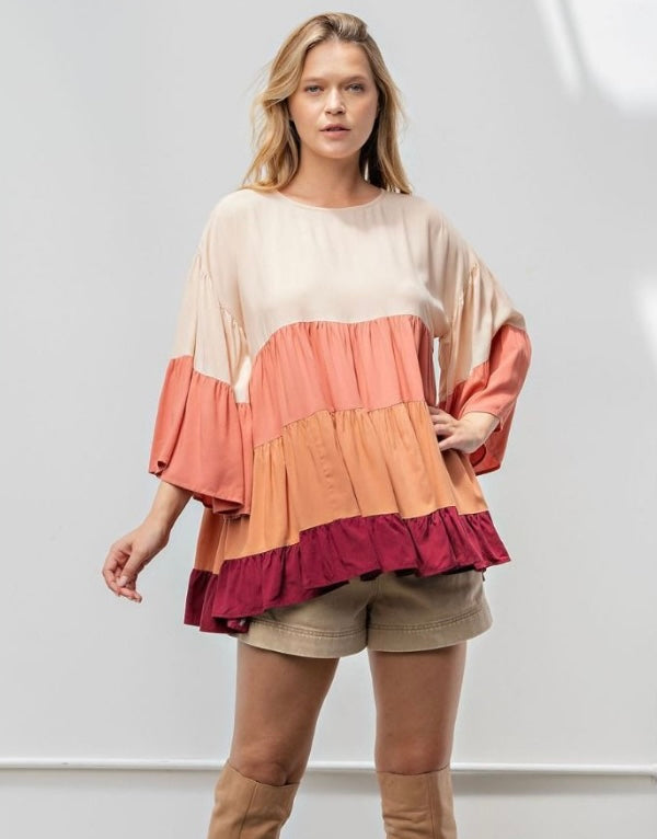 Easel Tiered Colorblock Blouse S