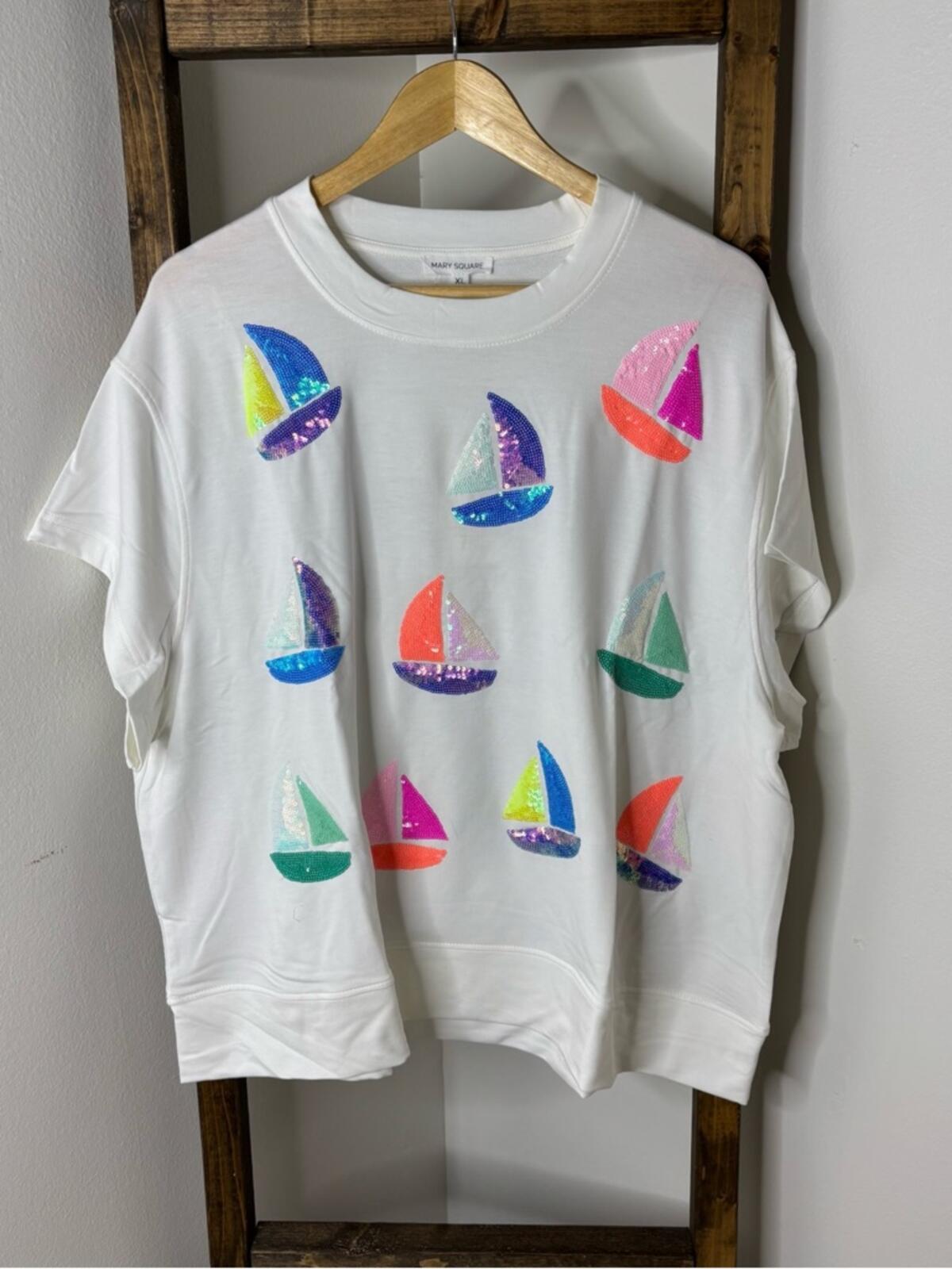 Mary Square White Sequin Sailboat Graphic Short Sleeve Tee