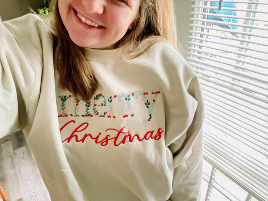 Merry Christmas Floral Embroidered Sweatshirt