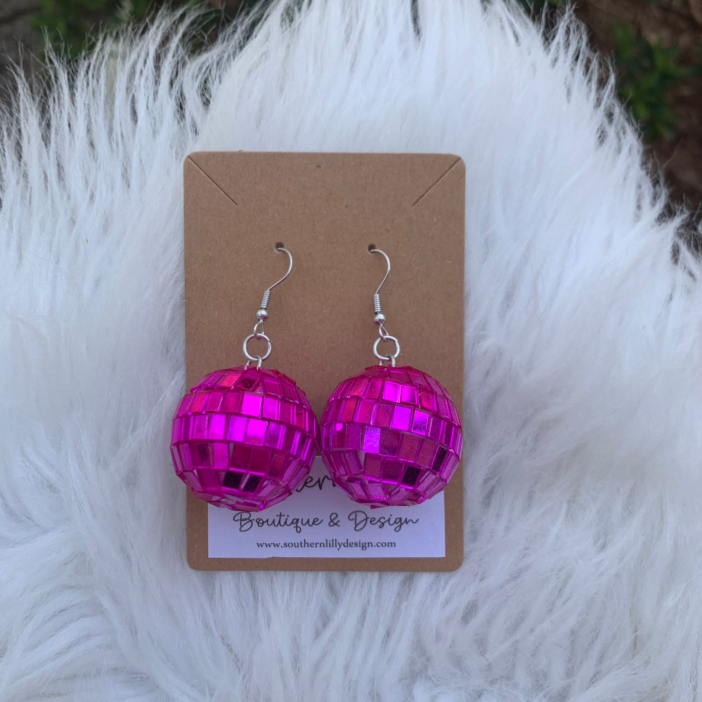 Fuchsia Disco Ball Dangle Earrings Large Size