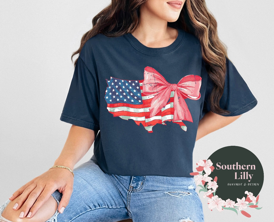 American Flag USA Bow Coquette Comfort Colors T-Shirt