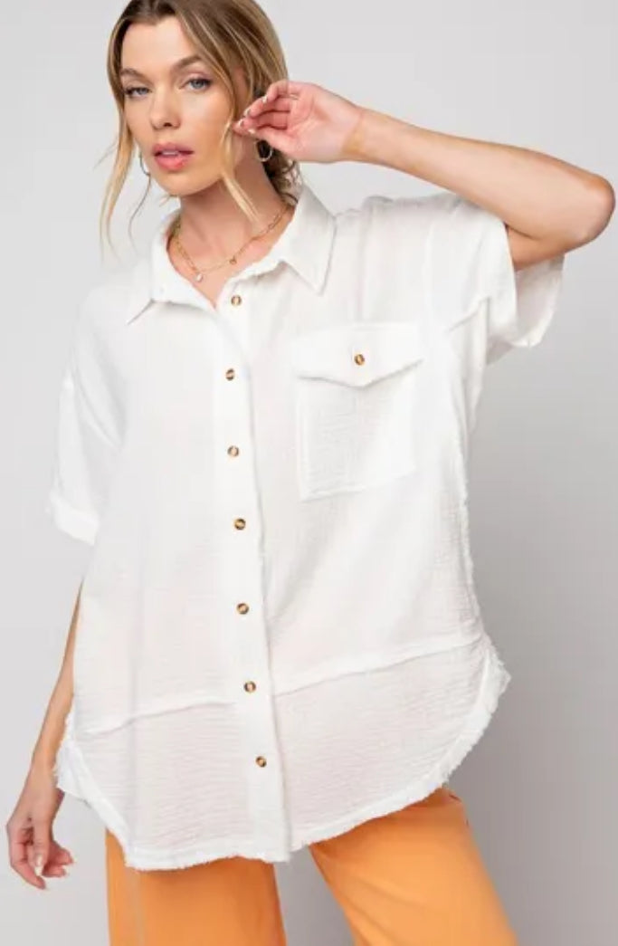 Easel White Gauze Button Down Shirt S