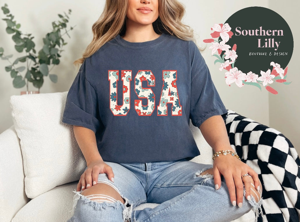 USA Floral Print Comfort Colors T-Shirt